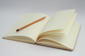 Aufgeschlagenes leeres blanko Notizbuch mit einem Stift darauf liegend
